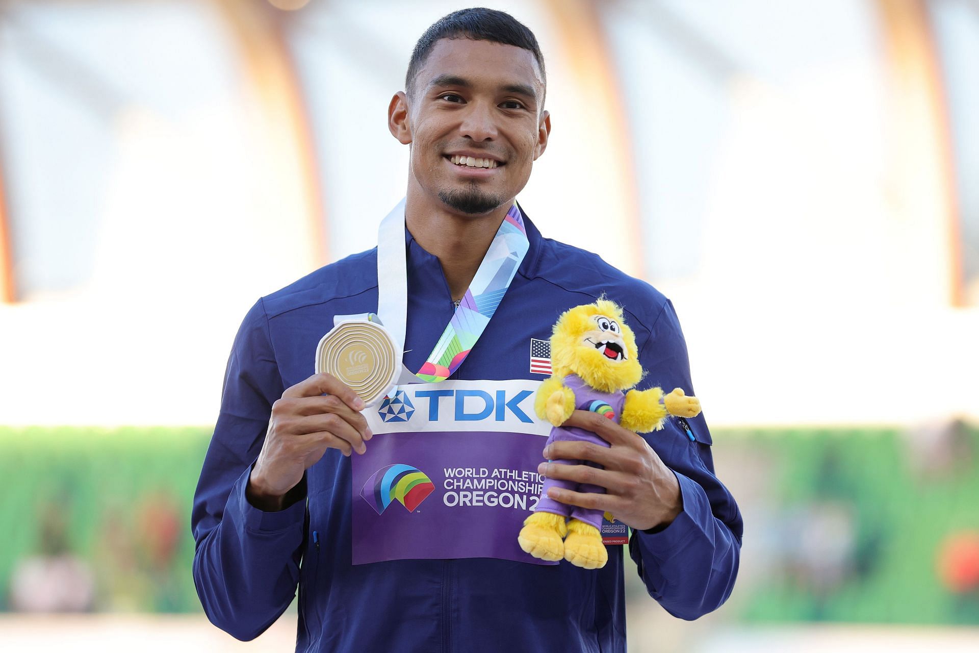 Michael Norman poses during the medal ceremony for the men&#039;s 400m final at the 2022 World Athletics Championships at Hayward Field in Oregon, Eugene