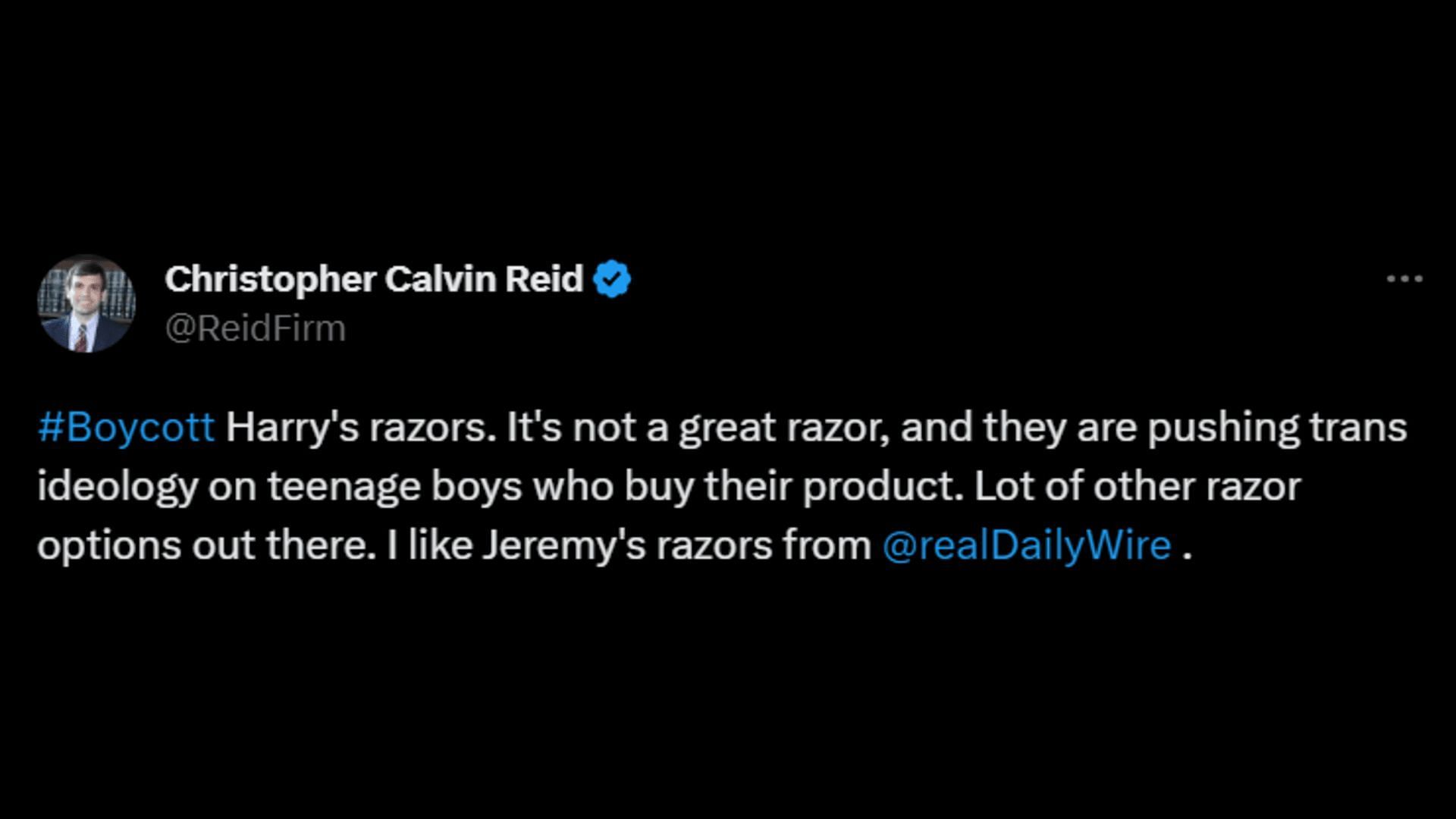 A netizen demanding the banning of Harry&#039;s products. (Image via Twitter/Christopher Calvin Reid)