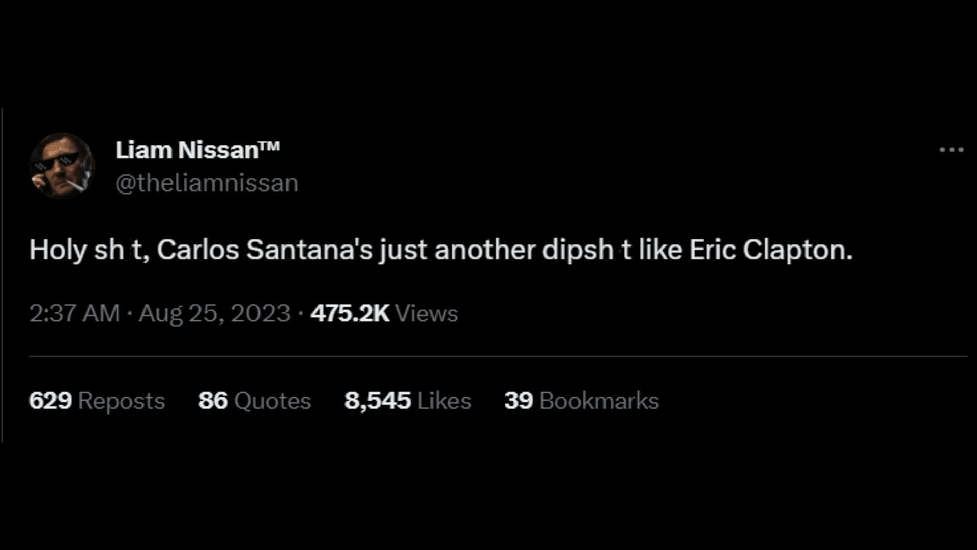A netizen compares Santana&#039;s transph*bia to Eric Clapton. (Image via X/Liam Nissan)