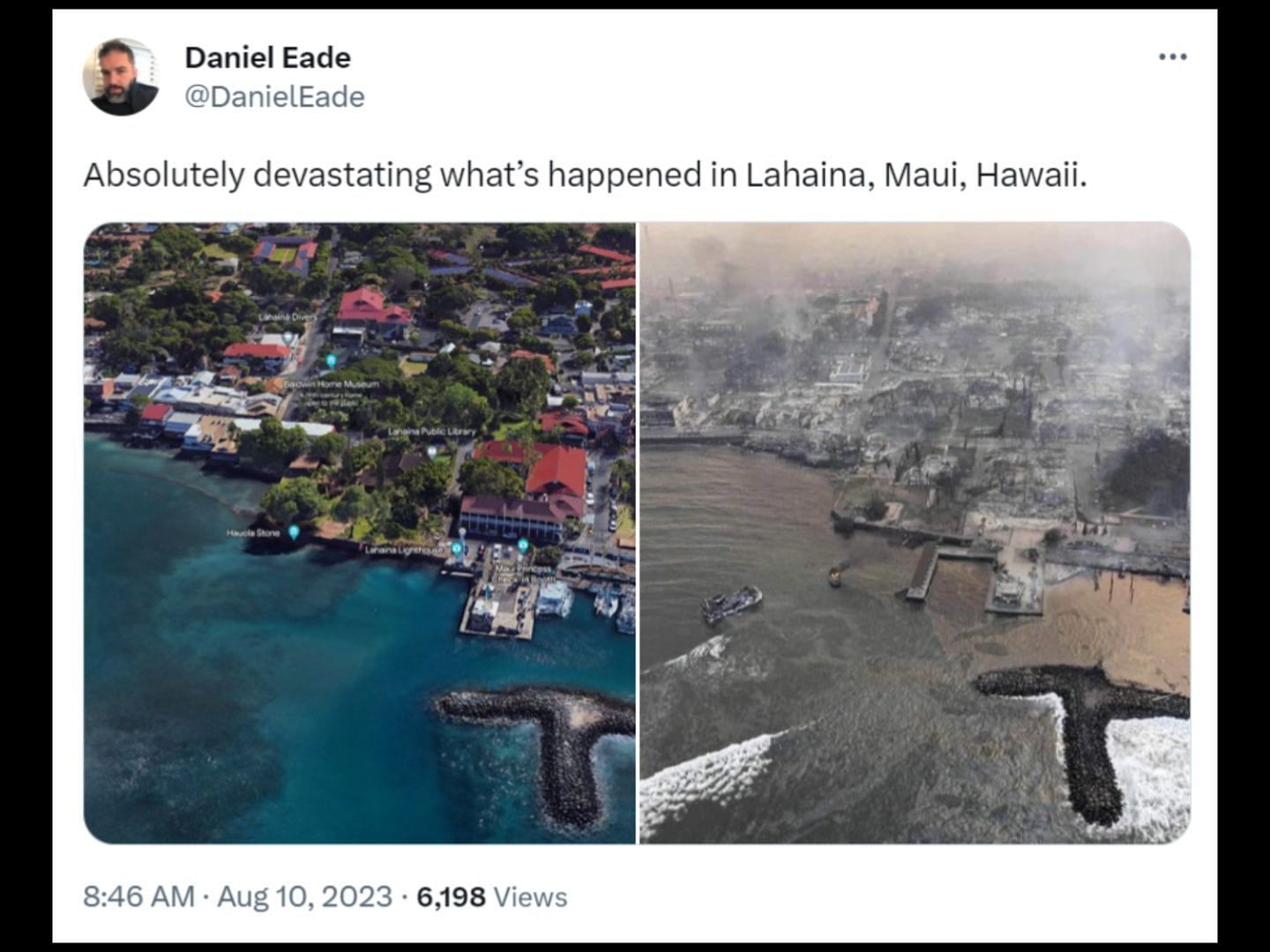 The devastating image of Lahaina before and after the wildfire. (Image via Twitter/@DanielEade)