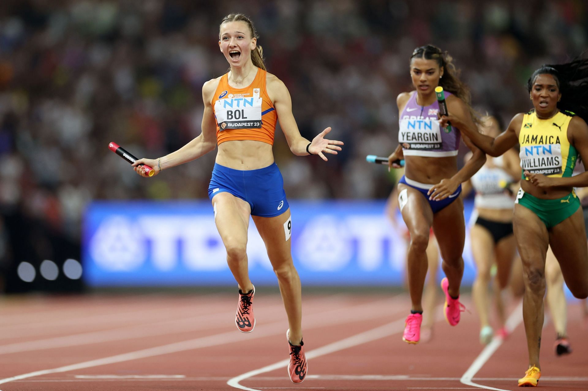 Femke Bol of Team Netherlands wins the Women&#039;s 4x400m Relay Final during day nine of the World Athletics Championships Budapest 2023