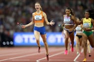 Femke Bol of Team Netherlands wins the Women's 4x400m Relay Final during day nine of the World Athletics Championships Budapest 2023