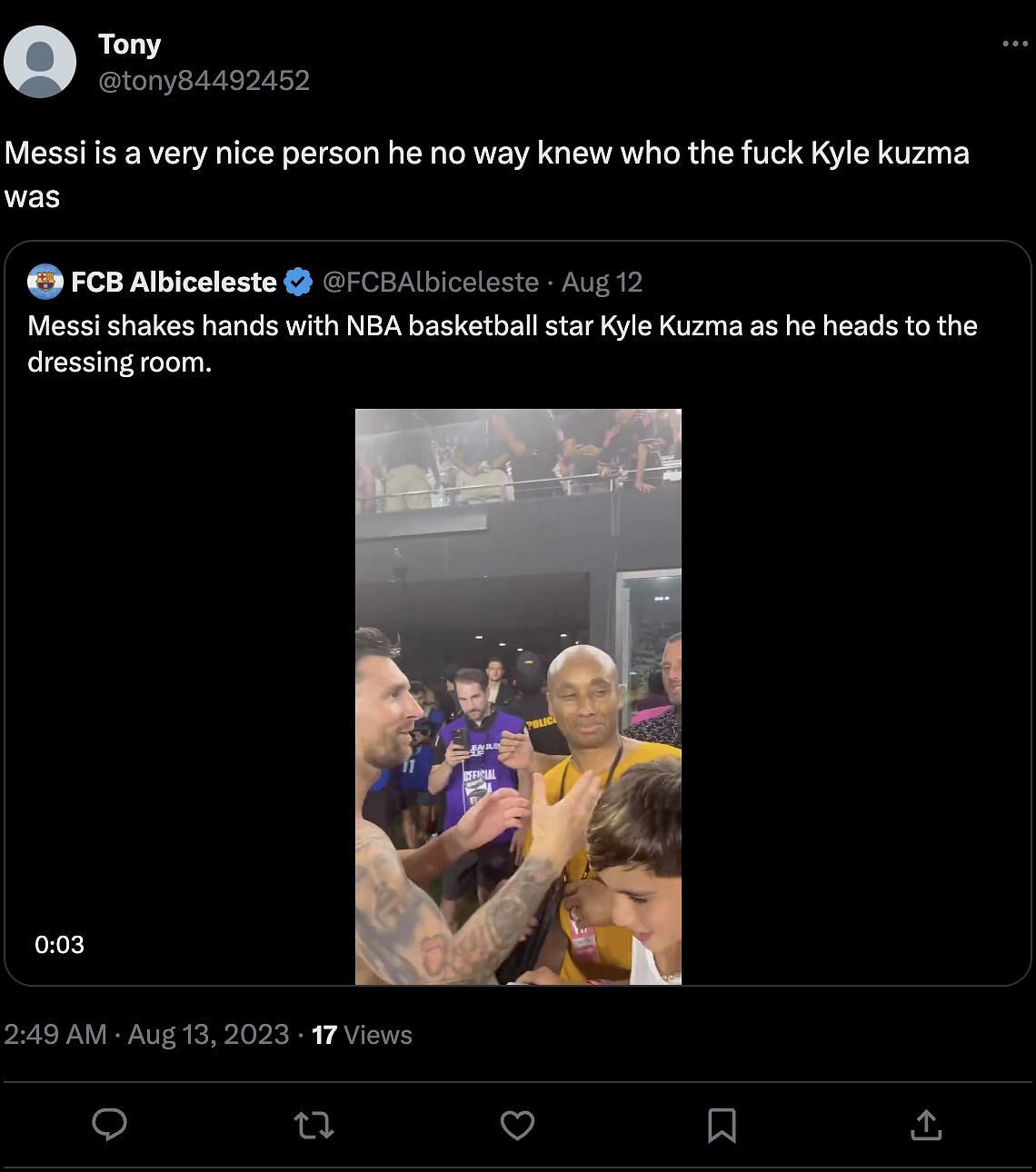 Fan suggests Messi doesn&#039;t know Kuzma and is just being nice