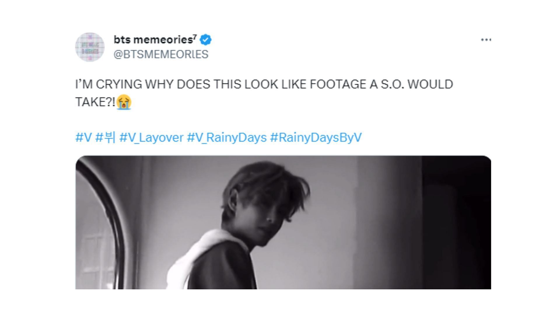 Taehyung&#039;s fans lavish praise on Rainy Days MV (Image via Twitter/@BTSMEMEORlES)