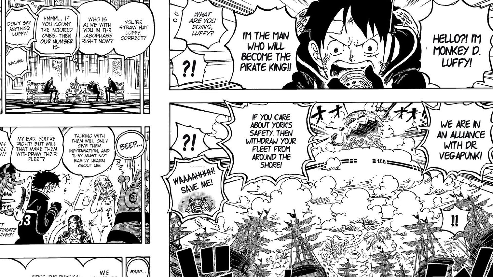 One Piece Chapter 1090 manga panel where Luffy negotiates with the Gorosei (Image via Shueisha)