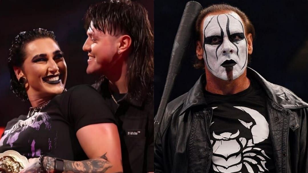 Rhea Ripley and Dominik Mysterio (left) &amp; AEW star Sting (right)