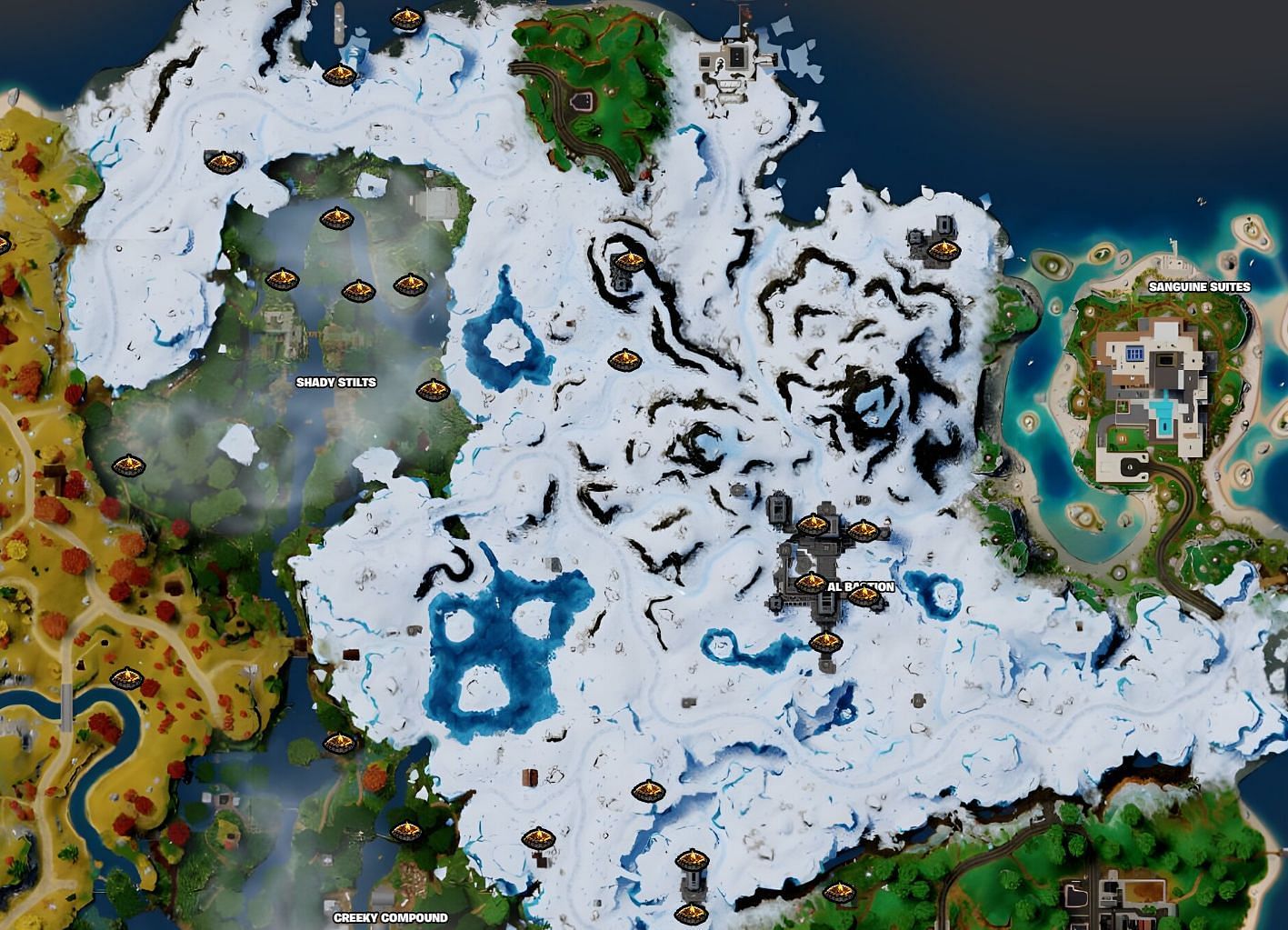 Campfire locations in the Ice/Snow Biome (Image via Fortnite.GG)