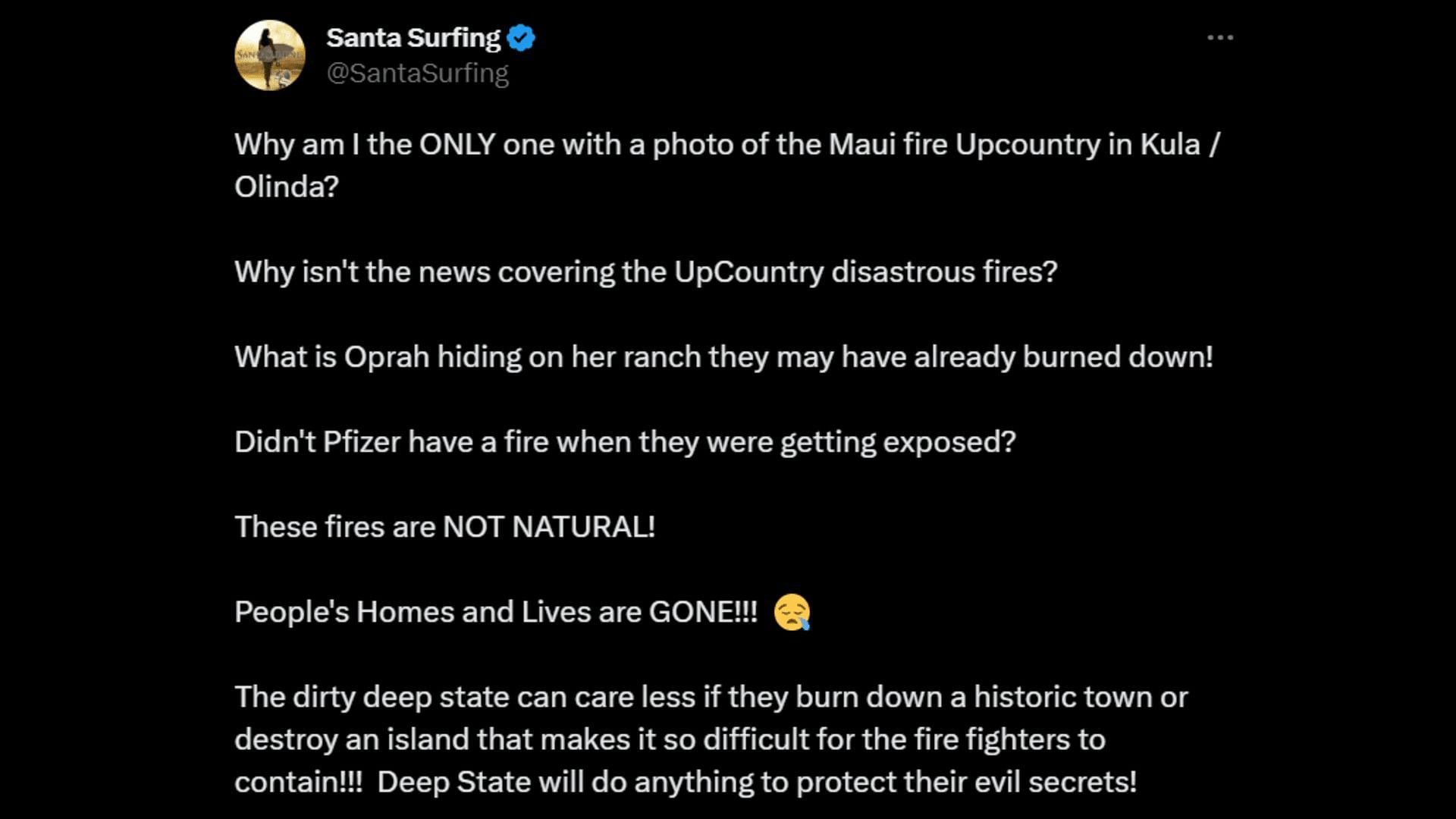 A netizen asks why Winfrey is hiding when the island needs her. (Image via Twitter/Santa Surfing)