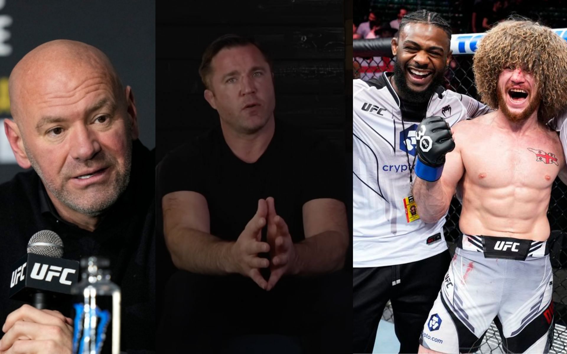 Dana White (left), Chael Sonnen (centre), and Aljamain Sterling and Merab Dvalishvili (right). [via Getty Images and YouTube Chael Sonnen]