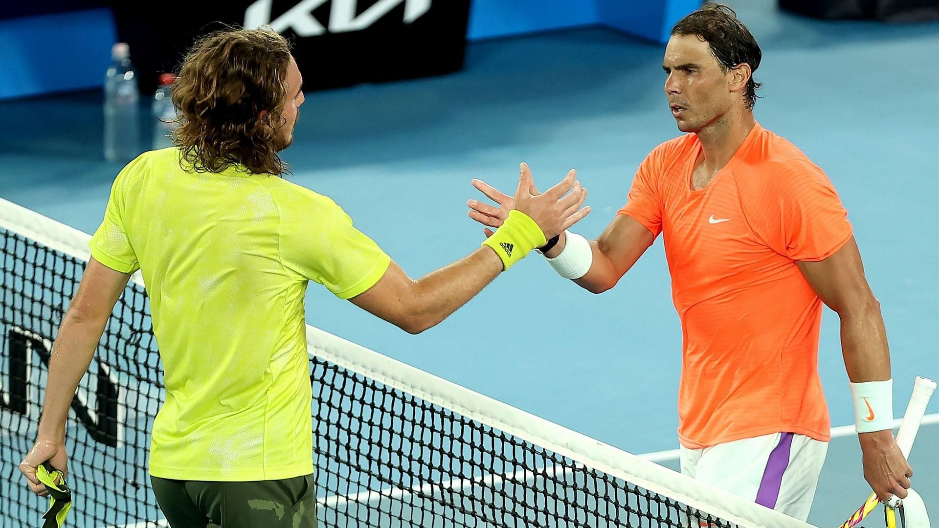 Stefanos Tsitsipas and Rafael Nadal greet each other after their 2021 Australian Open quarterfinal match