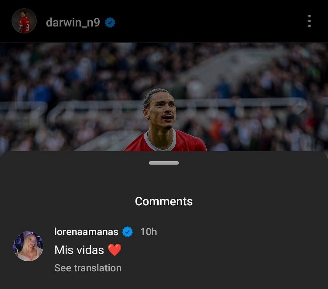 A screenshot of Lorena Manas&#039; comment (before translation) on Darwin Nunez&#039;s Instagram post.