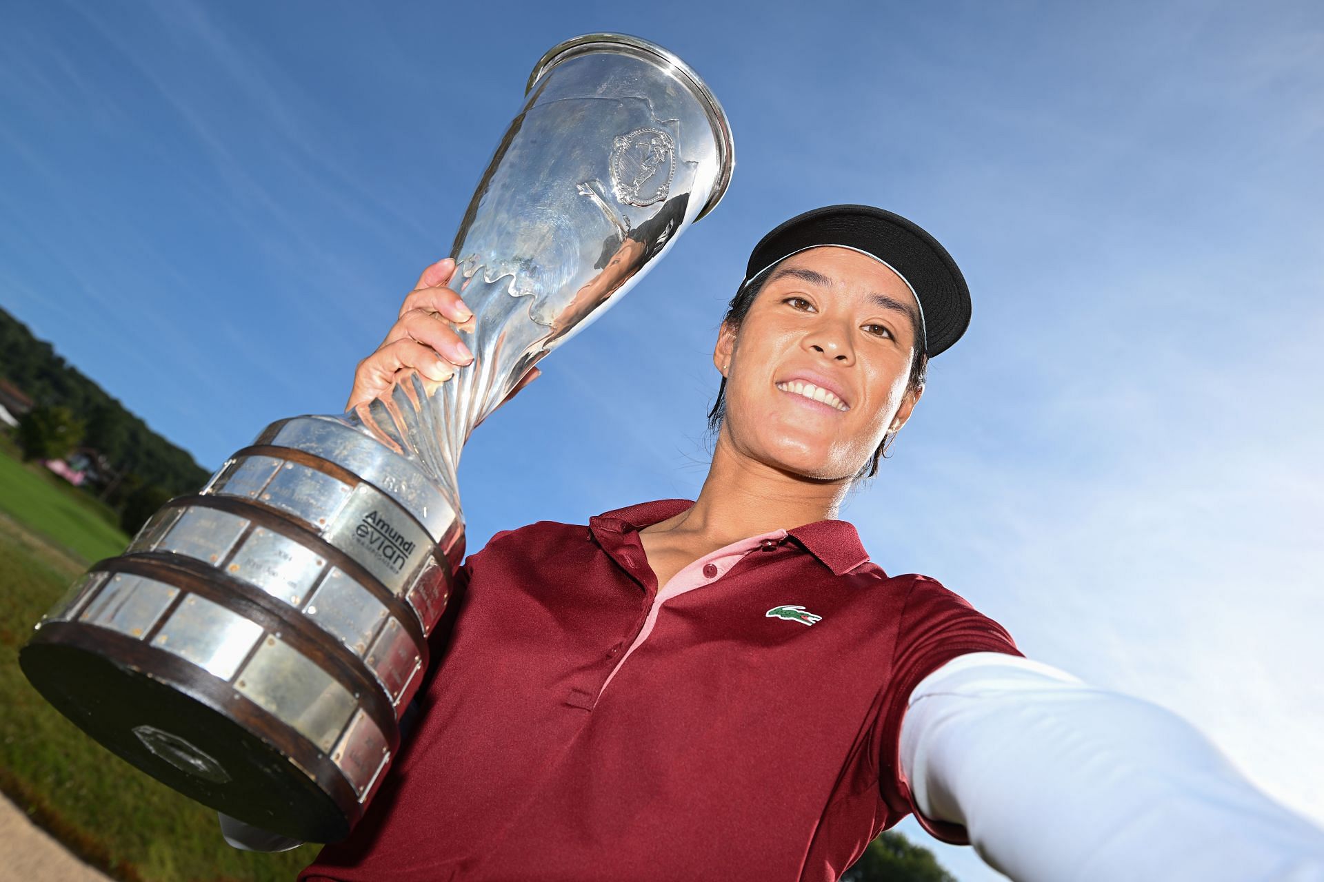 Celine Boutier with the Evian Championship trophy (via Getty Images)