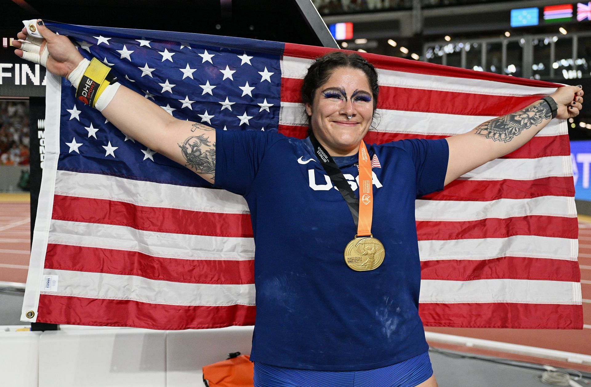 Gold medalist Chase Ealey of Team United States celebrates after winning the Women&#039;s Shot Put Final during day eight of the World Athletics Championships Budapest 2023