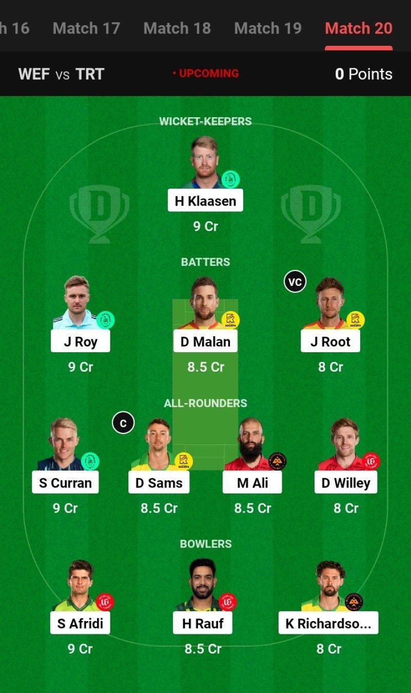 Best Fantasy XI for Match 20 - WEL vs TRE | The Hundred Men's 2023