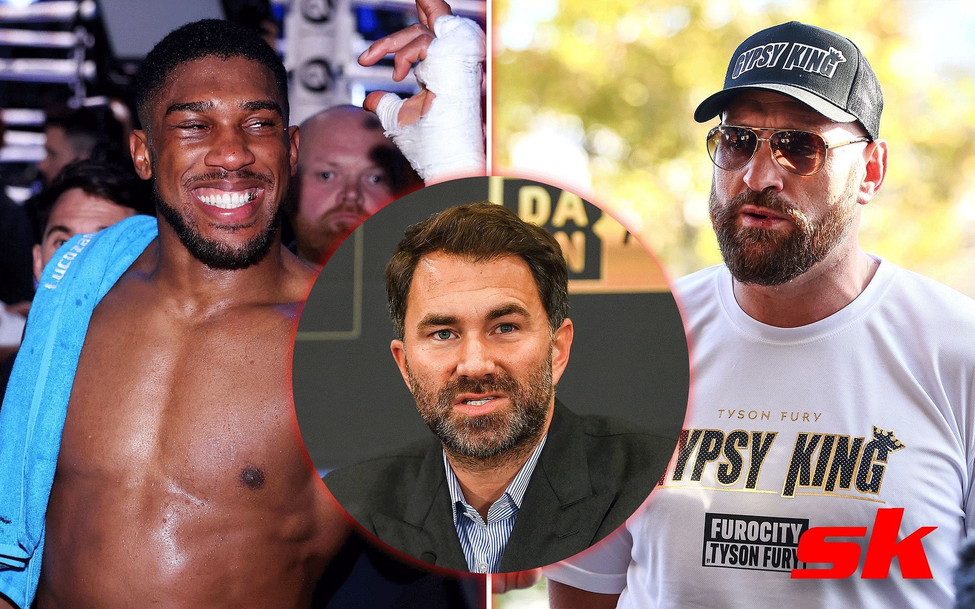 Anthony Joshua (left), Eddie Hearn (middle) and Tyson Fury (right)