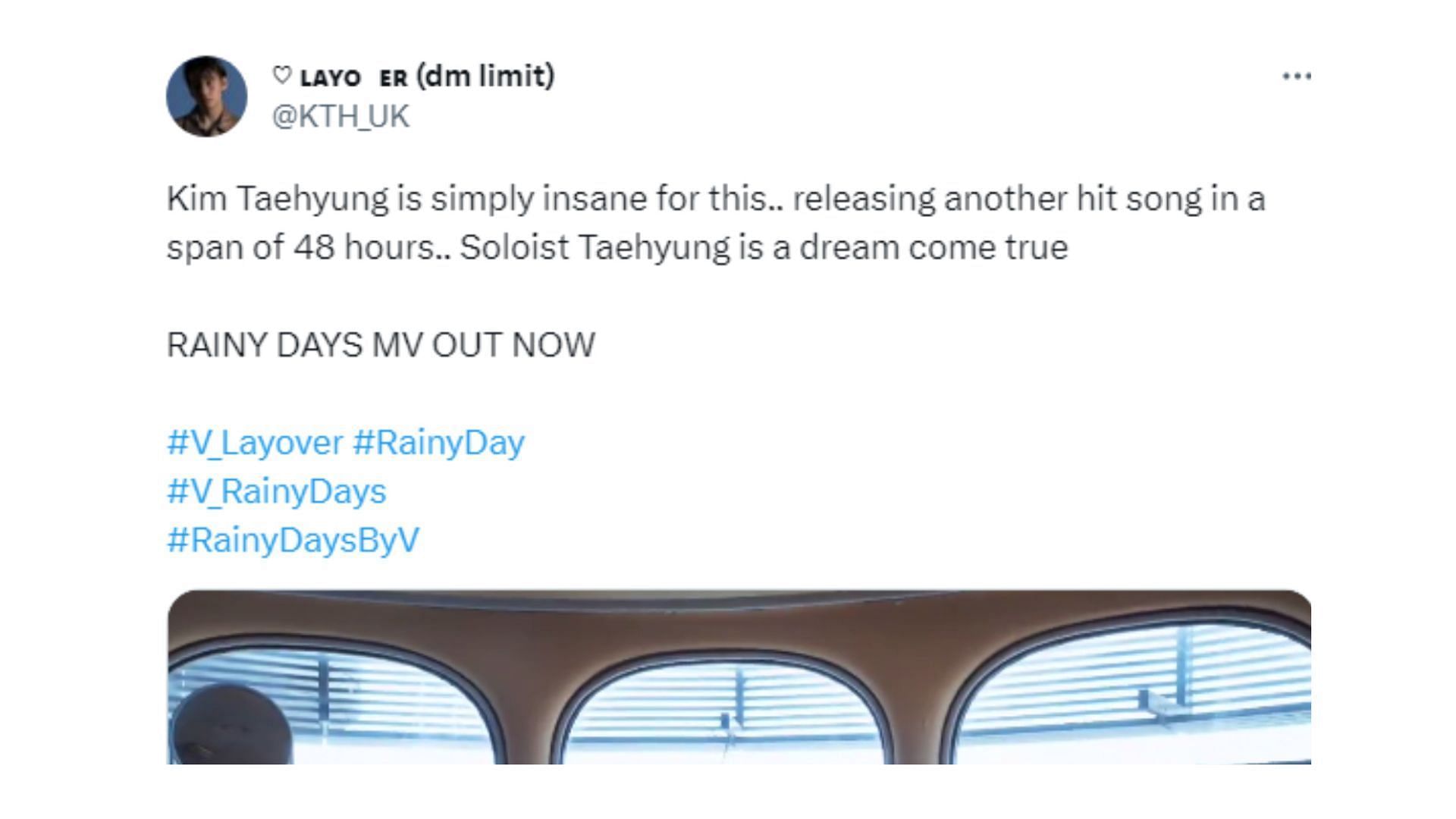 Taehyung&#039;s fans lavish praise on his song Rainy Days (Image via Twitter/@KTH_UK)