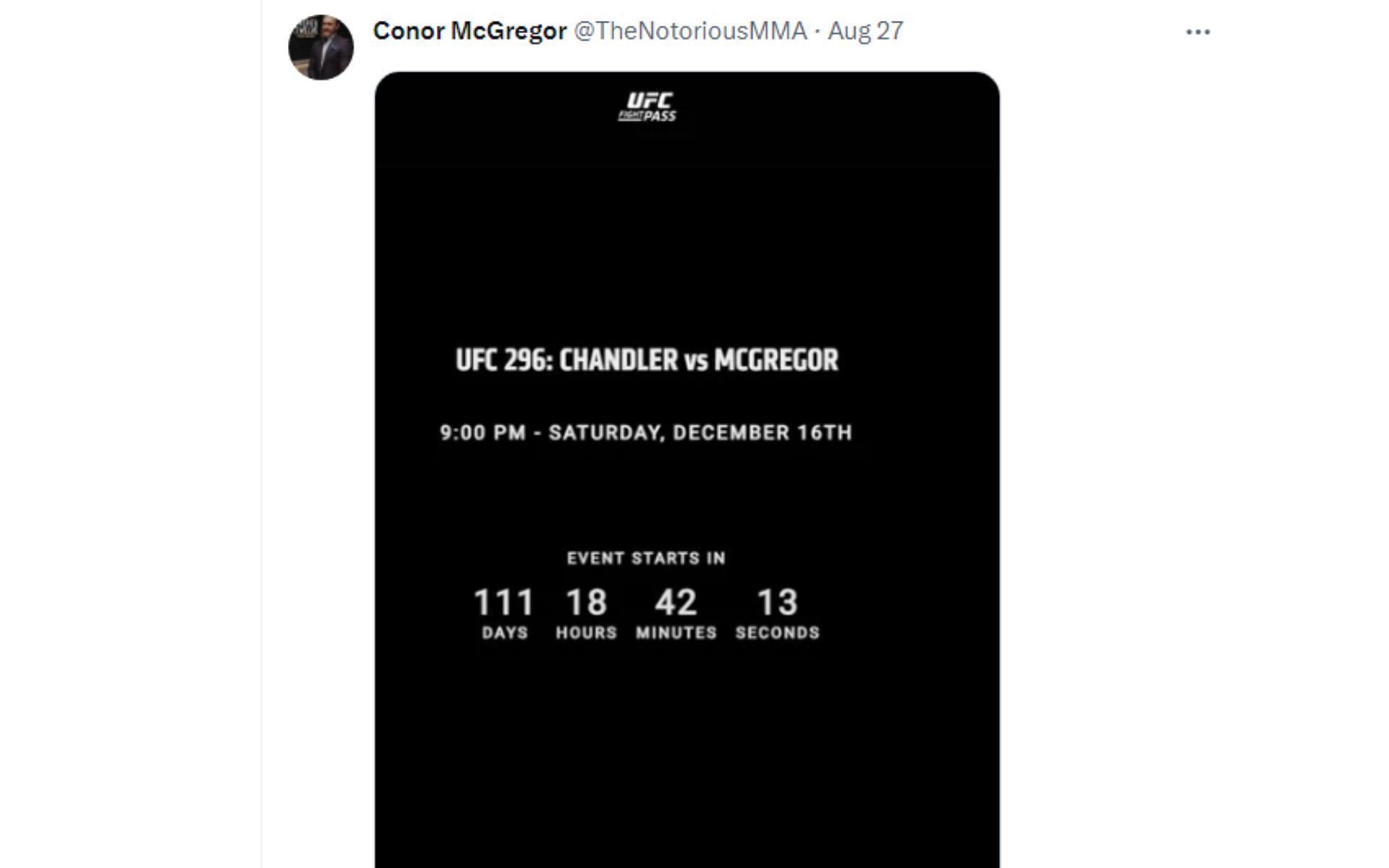 McGregor&#039;s tweet regarding UFC 296