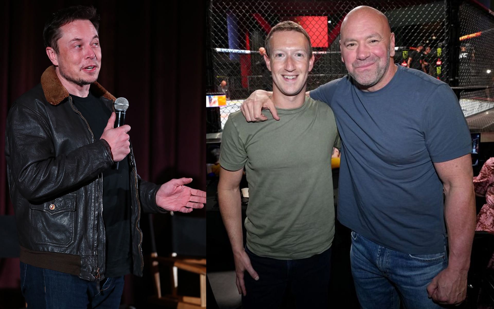 Elon Musk (left) and Mark Zuckerberg and Dana White (right). [via Getty Images]