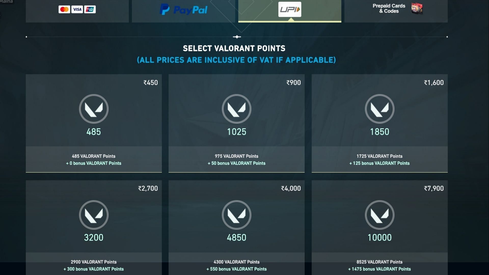 All VP bundles purchasable through BHIM UPI (Image via Riot Games)