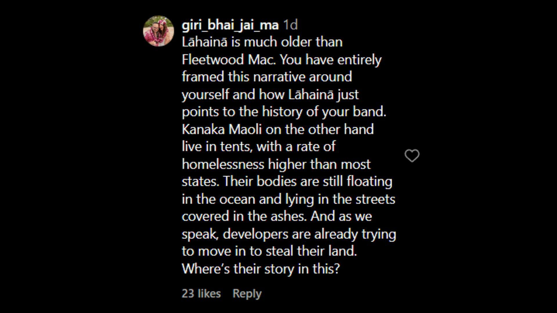 A netizen believes Stevie highlighted her Maui story instead of the locals. (Image via Instagram/giri_bhai_jai_ma)