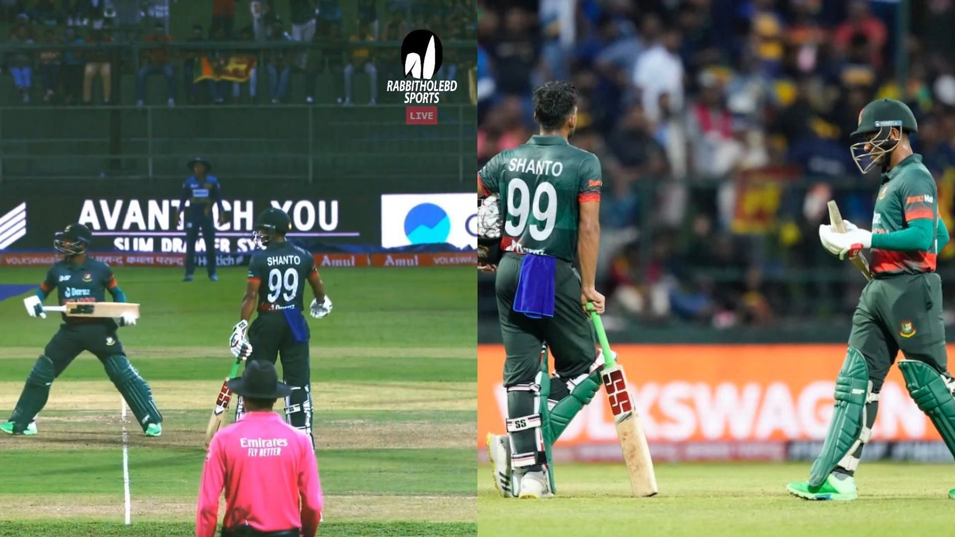 Bangladeshs Mehidy Hasan departs following a major mix-up with Najmul Shanto vs Sri Lanka in Asia Cup 2023