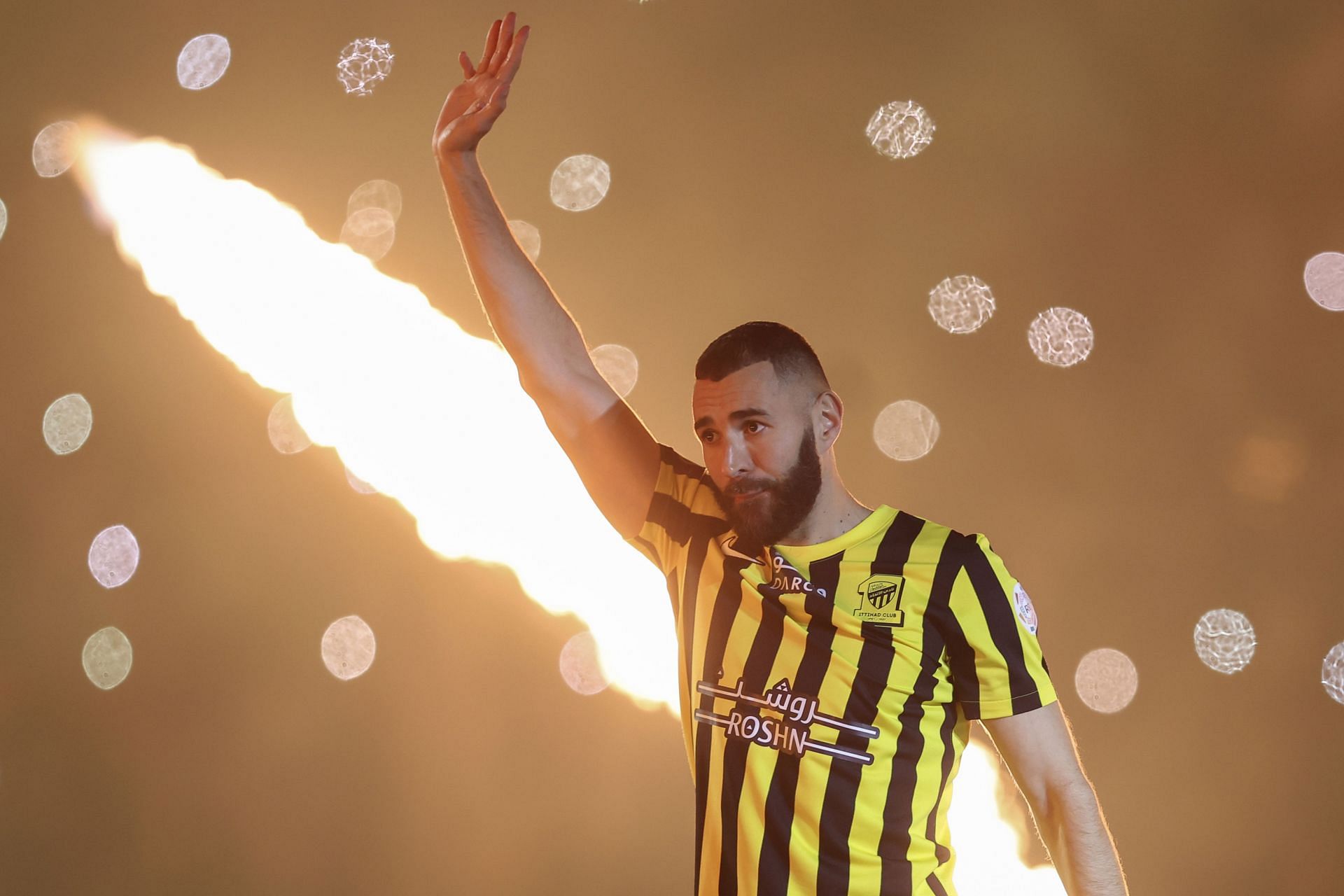 Karim Benzema pictured during his presentation at Al Ittihad