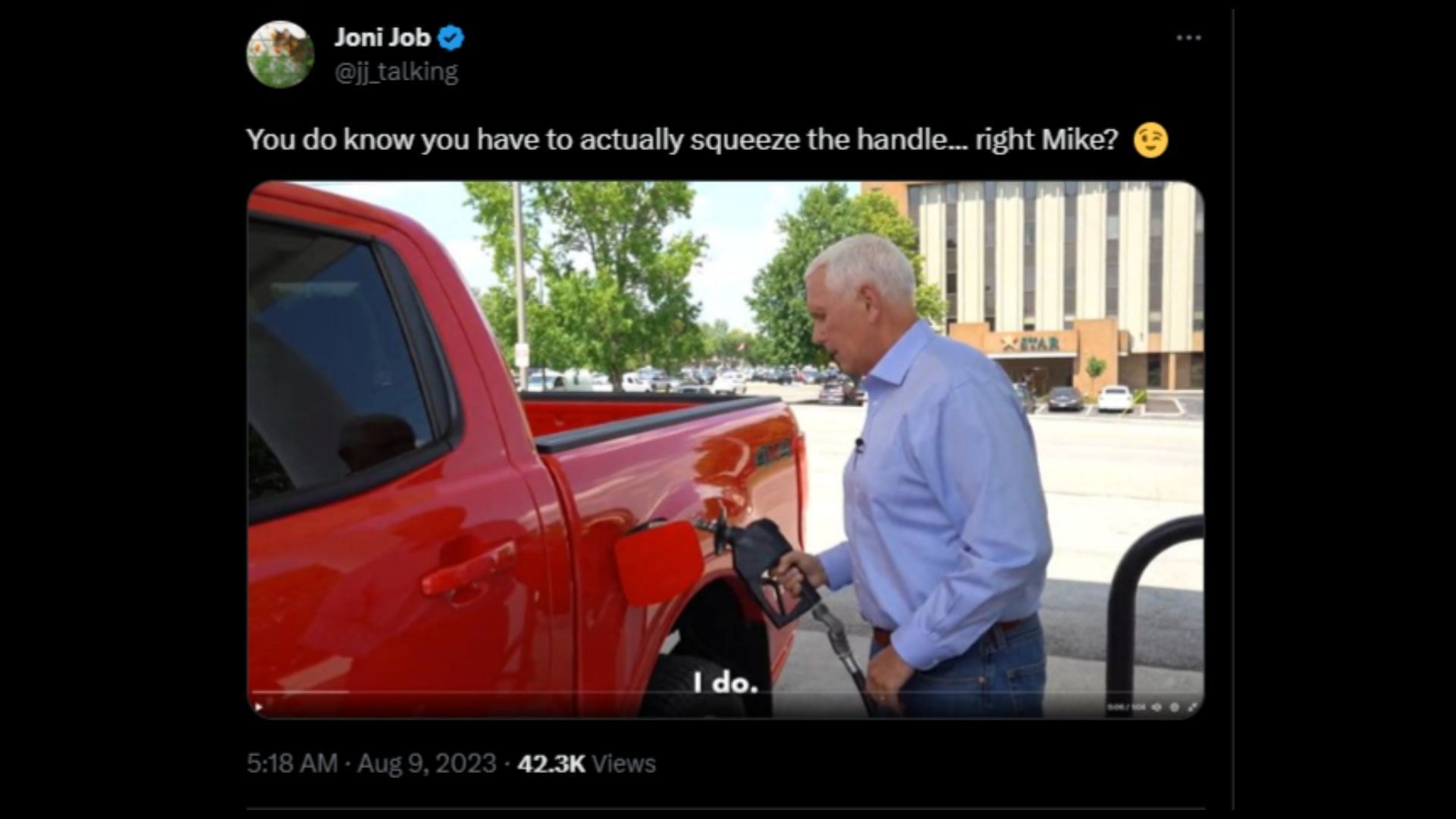 Screenshot of a netizen remarking on Pence&#039;s gas-pumping 2024 presidential campaign video. (Photo via @Mike_Pence/X)