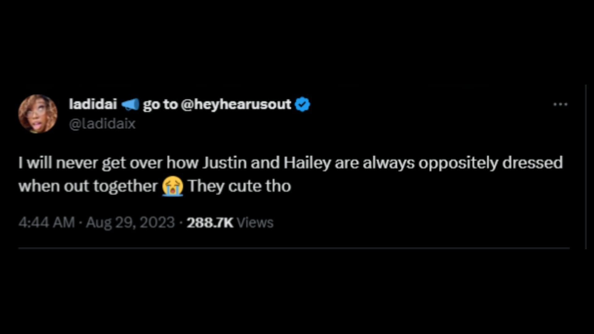 Screenshot of an X user remarking on Justin&#039;s outfit choice for Hailey Bieber&#039;s Rhode event in New York City. (Photo via @21metgala/X)