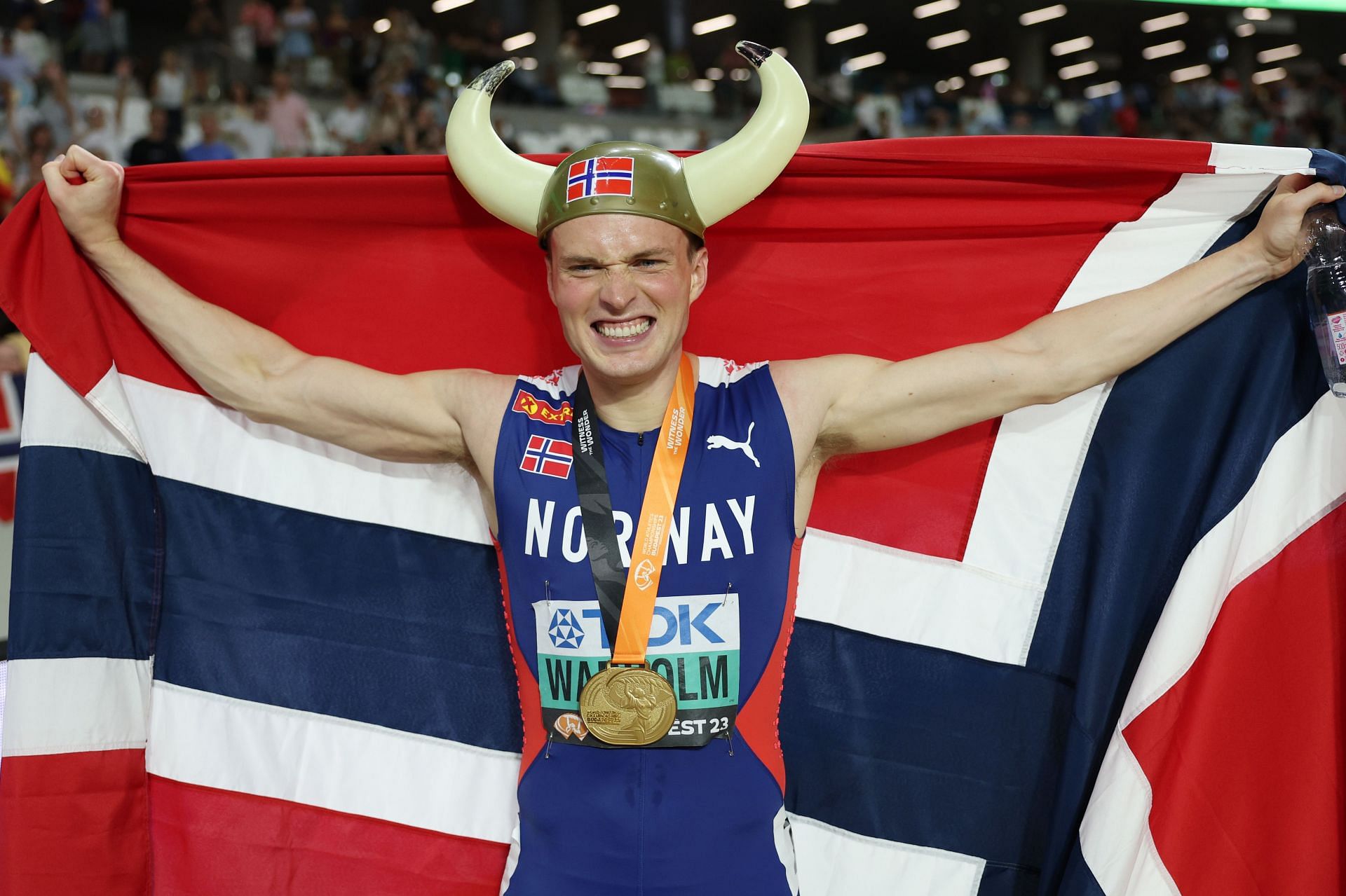 Karsten Warholm after winning the men&#039;s 400m Hurdles at the 2023 World Athletics Championships in Budapest
