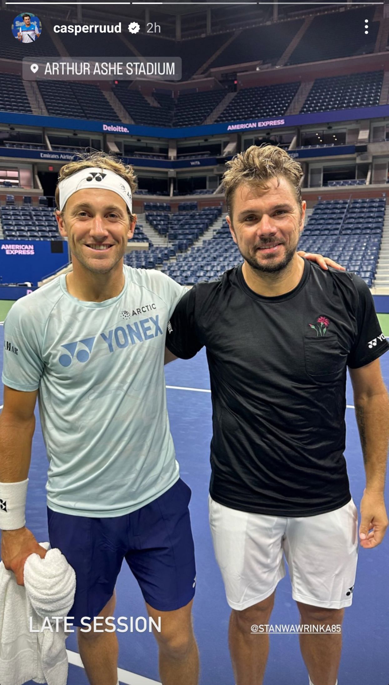 Casper Ruud and Stan Wawrinka are drenched in sweat after a gruelling practice session on Tuesday