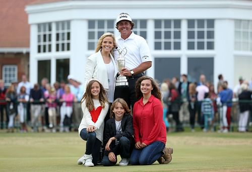 Phil Mickelson poses with wife Amy and kids after winning the 142nd Open Championship