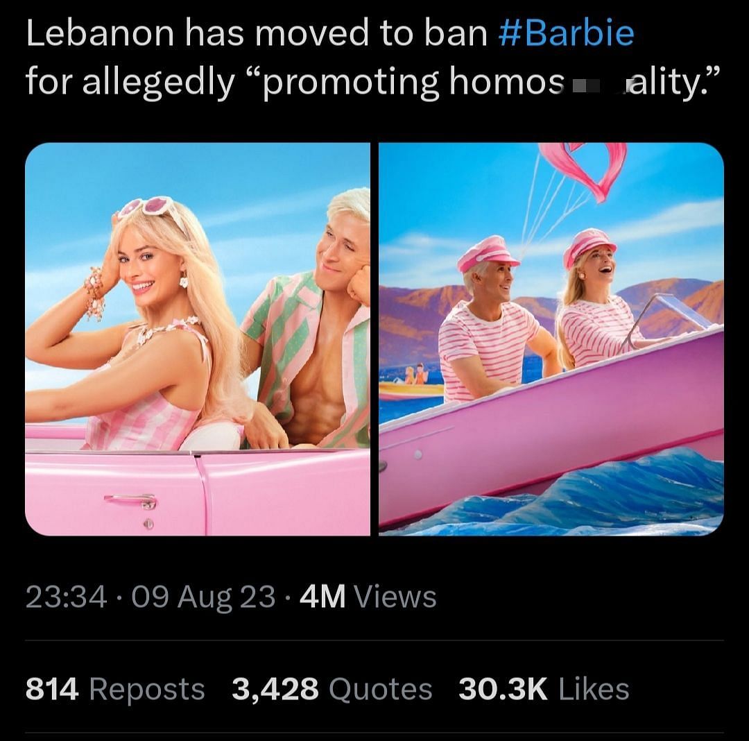 PopBase&#039;s post on Barbie&#039;s ban in Lebanon (Image via Twitter) Enter caption