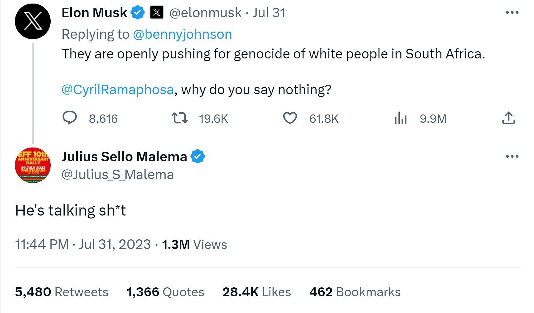 Musk and Malema&#039;s tweets (Image via Twitter/@Julius_S_Malema)