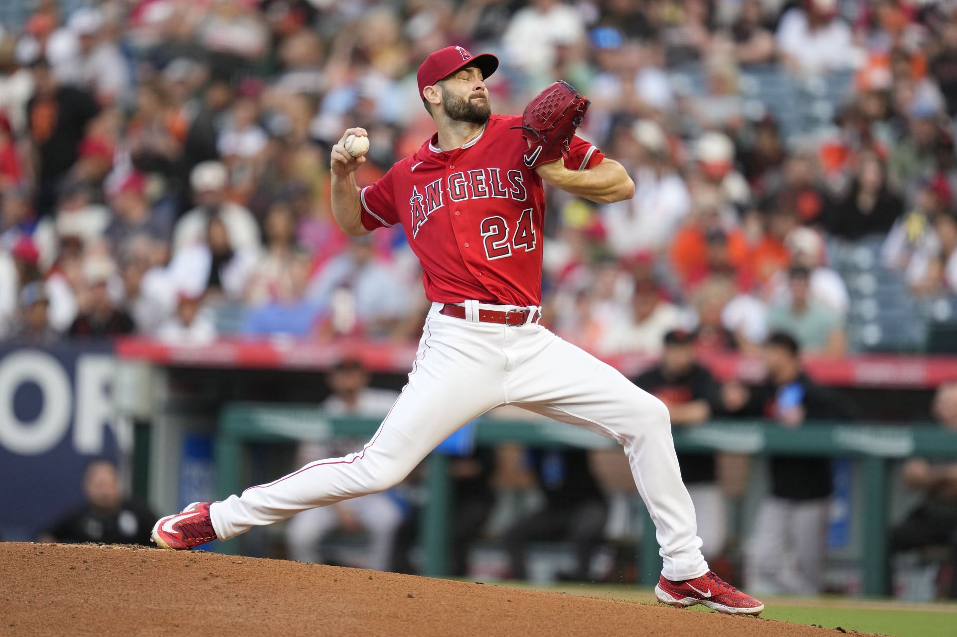 Los Angeles Angels starting pitcher Lucas Giolito (24) throws against the San Francisco Giants in Anaheim