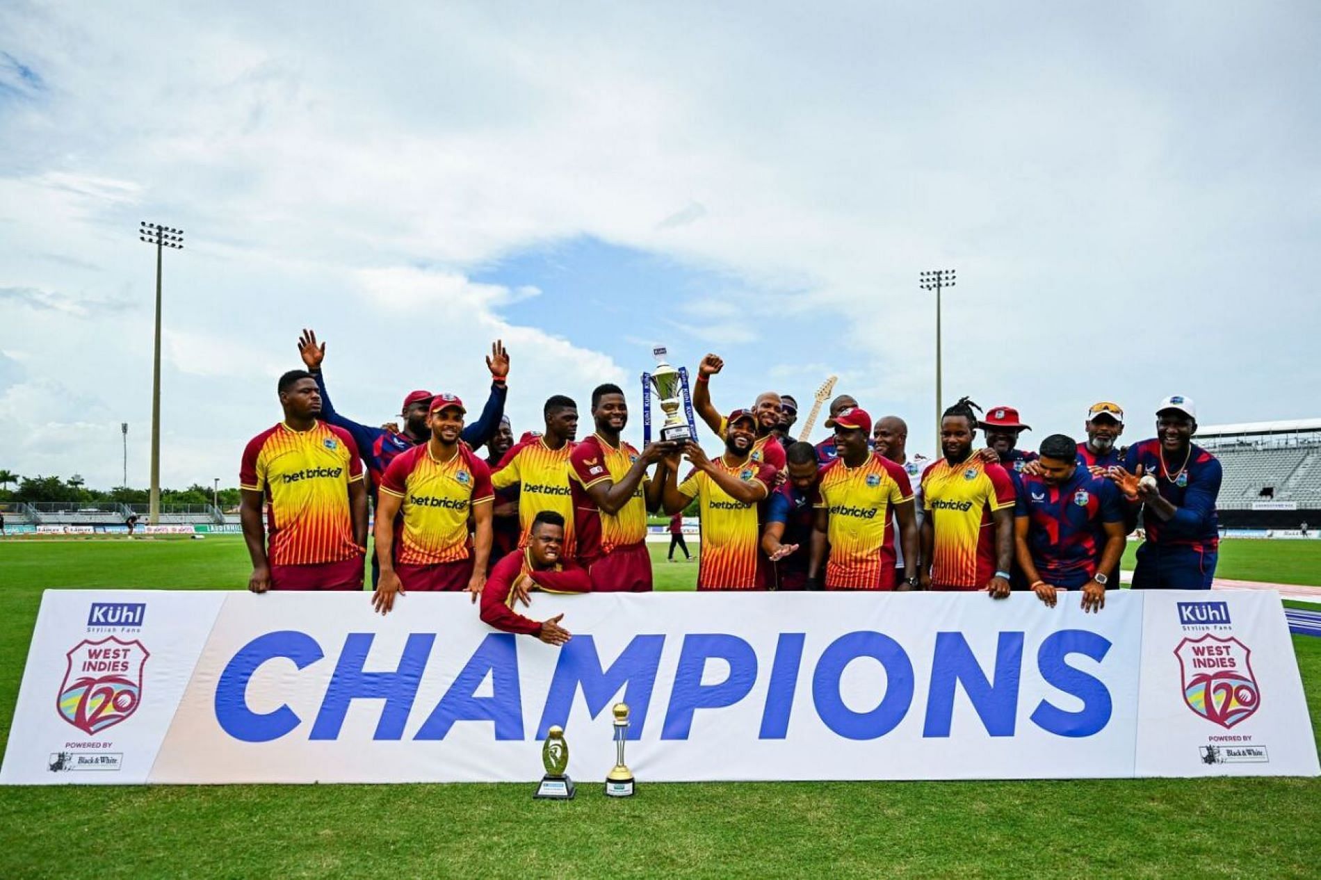 The Men from the Caribbean celebrate their monumental series win against India.
