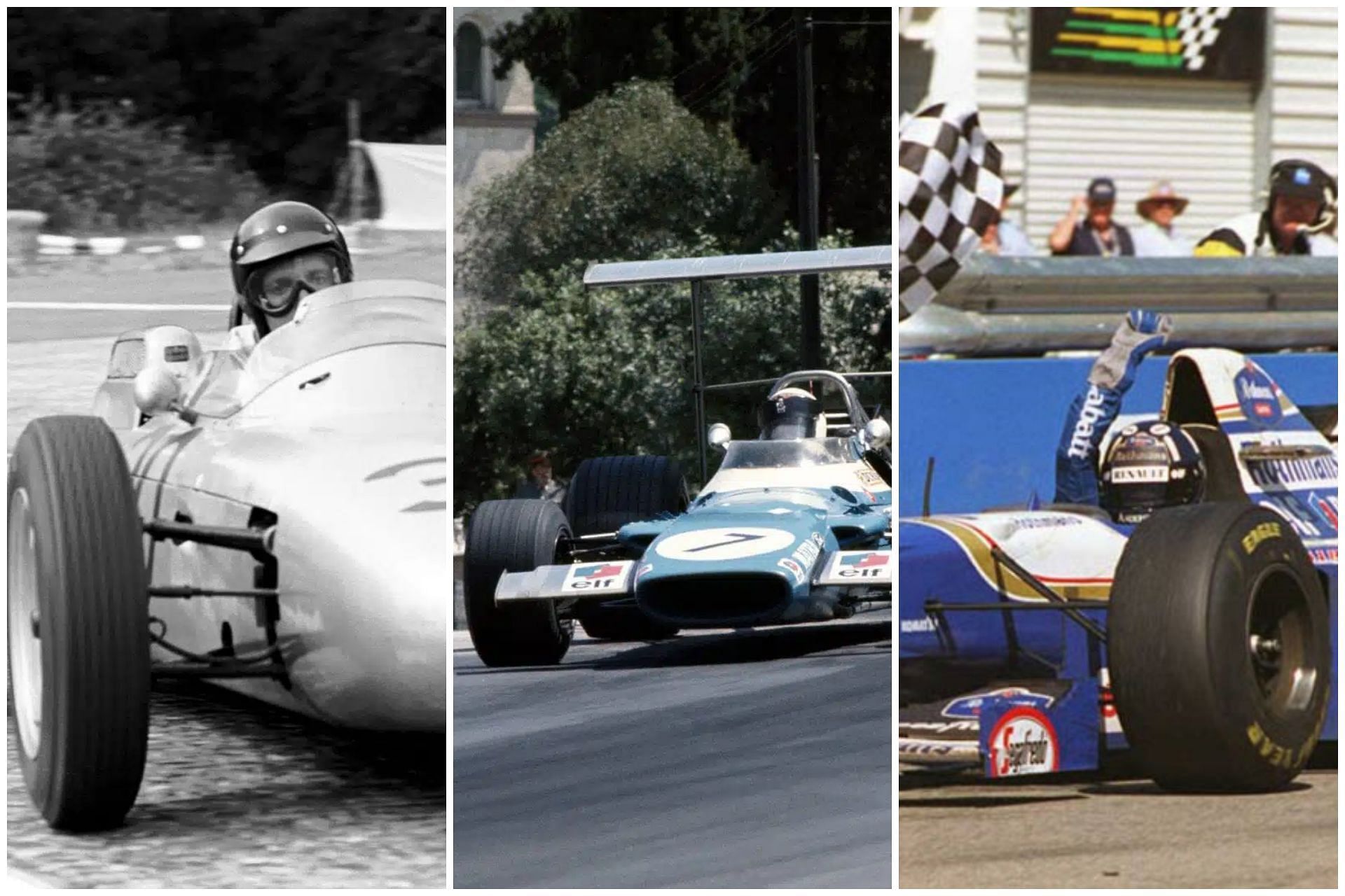 Dan Gurney (L), Jackie Stewart (C), and Damon Hill (R) (Collage via Sportskeeda)