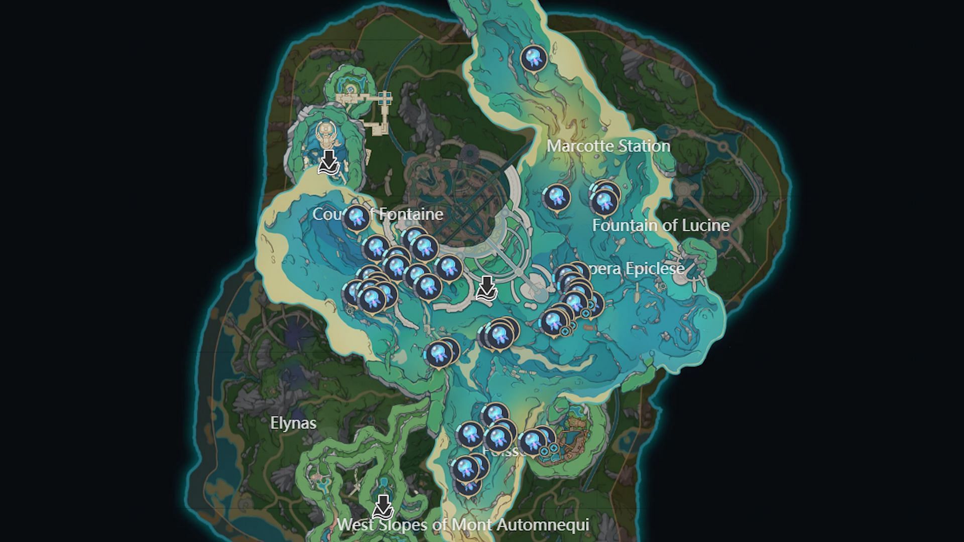 This is the same map as before, except for the underwater locations (Image via HoYoverse)