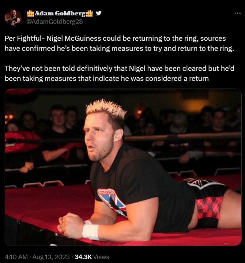 A tweet showing reports of Nigel McGuinness&#039; return 