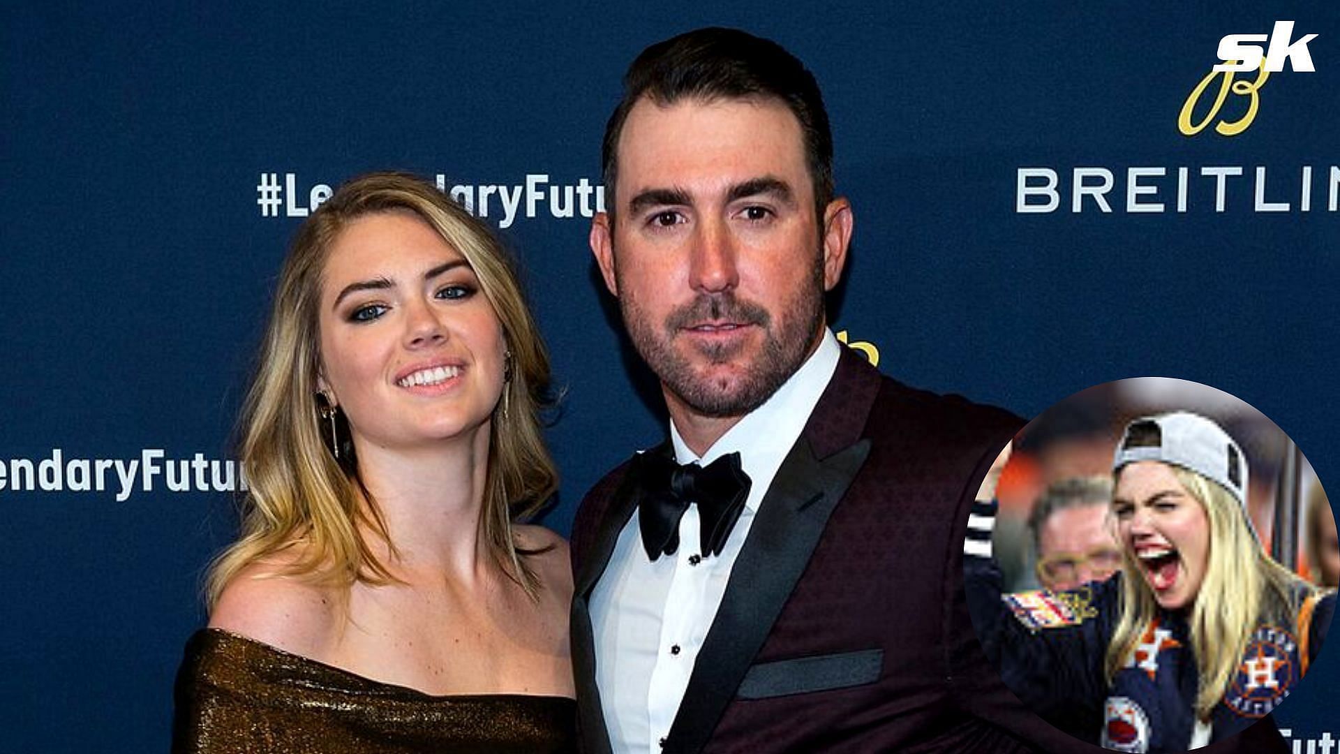 Kate Upton with Justin Verlander; Kate after Astros won the 2022 World Series (inset).