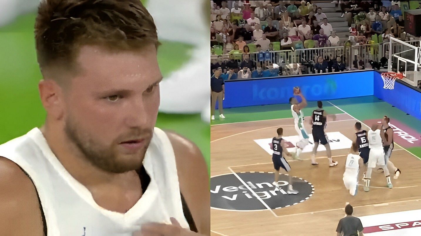 Luka Doncic embarrasses his defender before converting the and-one during 2023 FIBA World Cup exhibition game