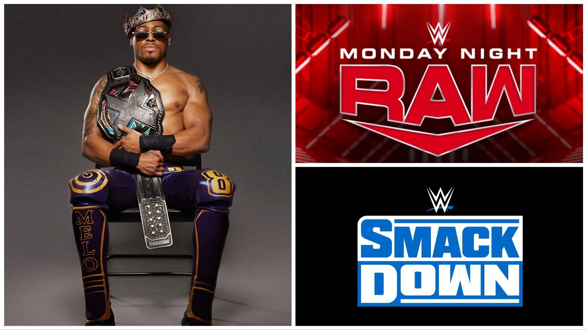 NXT Champion Carmello Hayes (L), WWE Monday Night RAW logo (Upper R), SmackDown logo (Lower R)