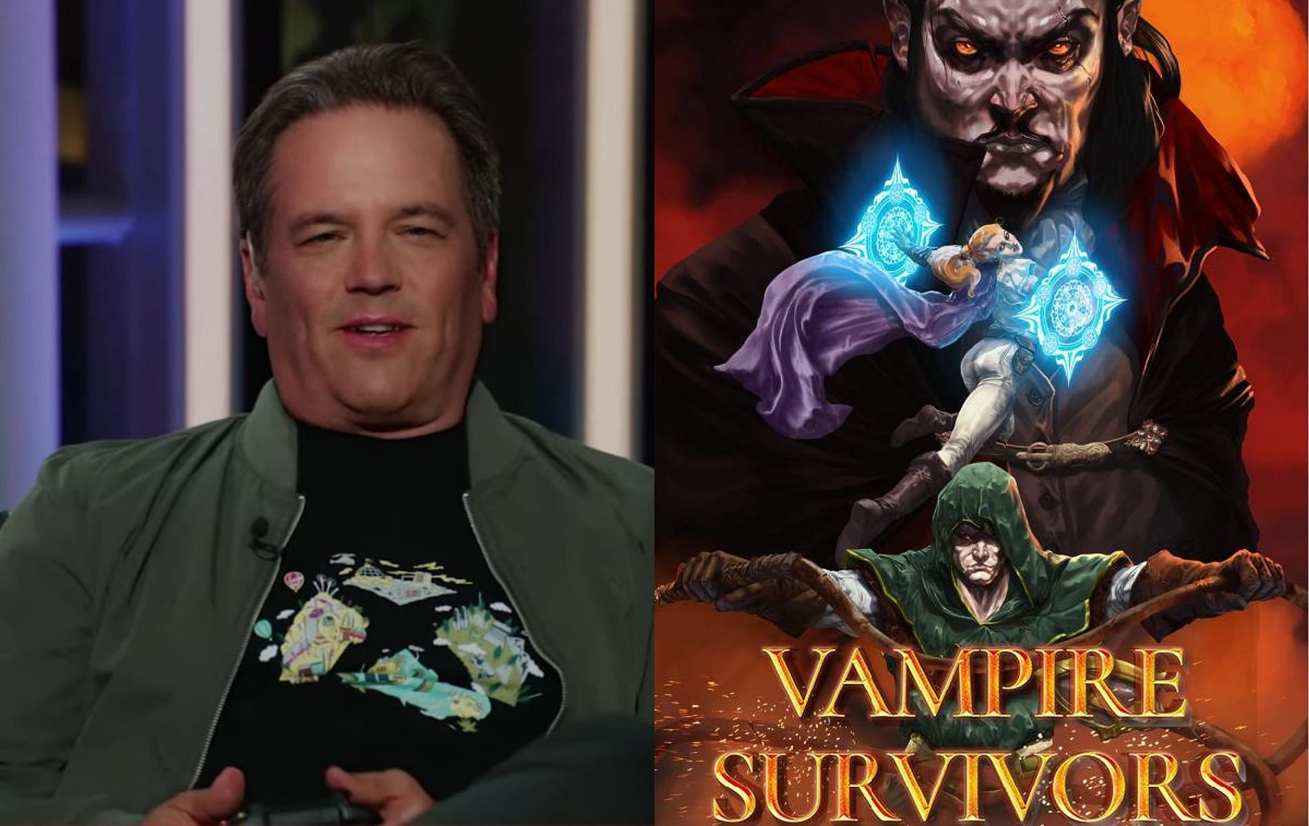 Cover art featuring Xbox head Phil Spencer and feature art for Vampire Survivors
