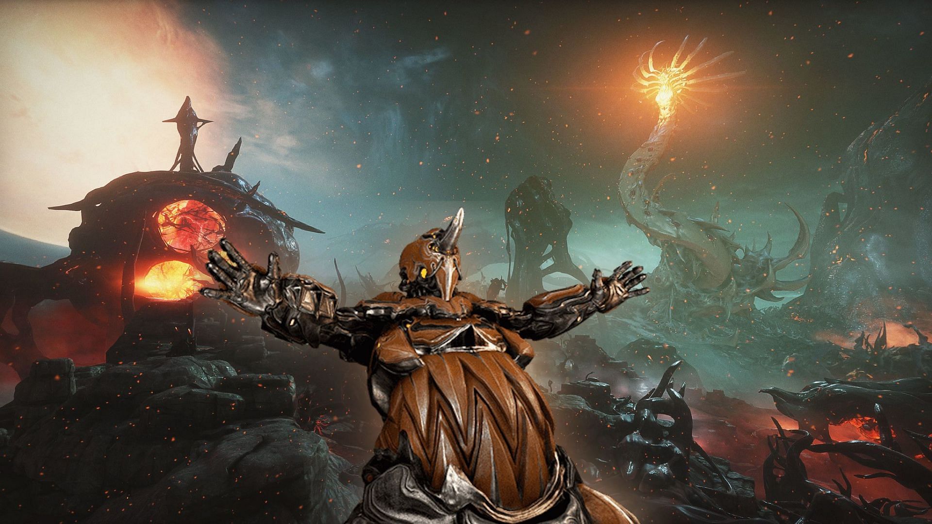 Warframe Grendel praising the sun (Vaas) in Deimos Cambion Drift