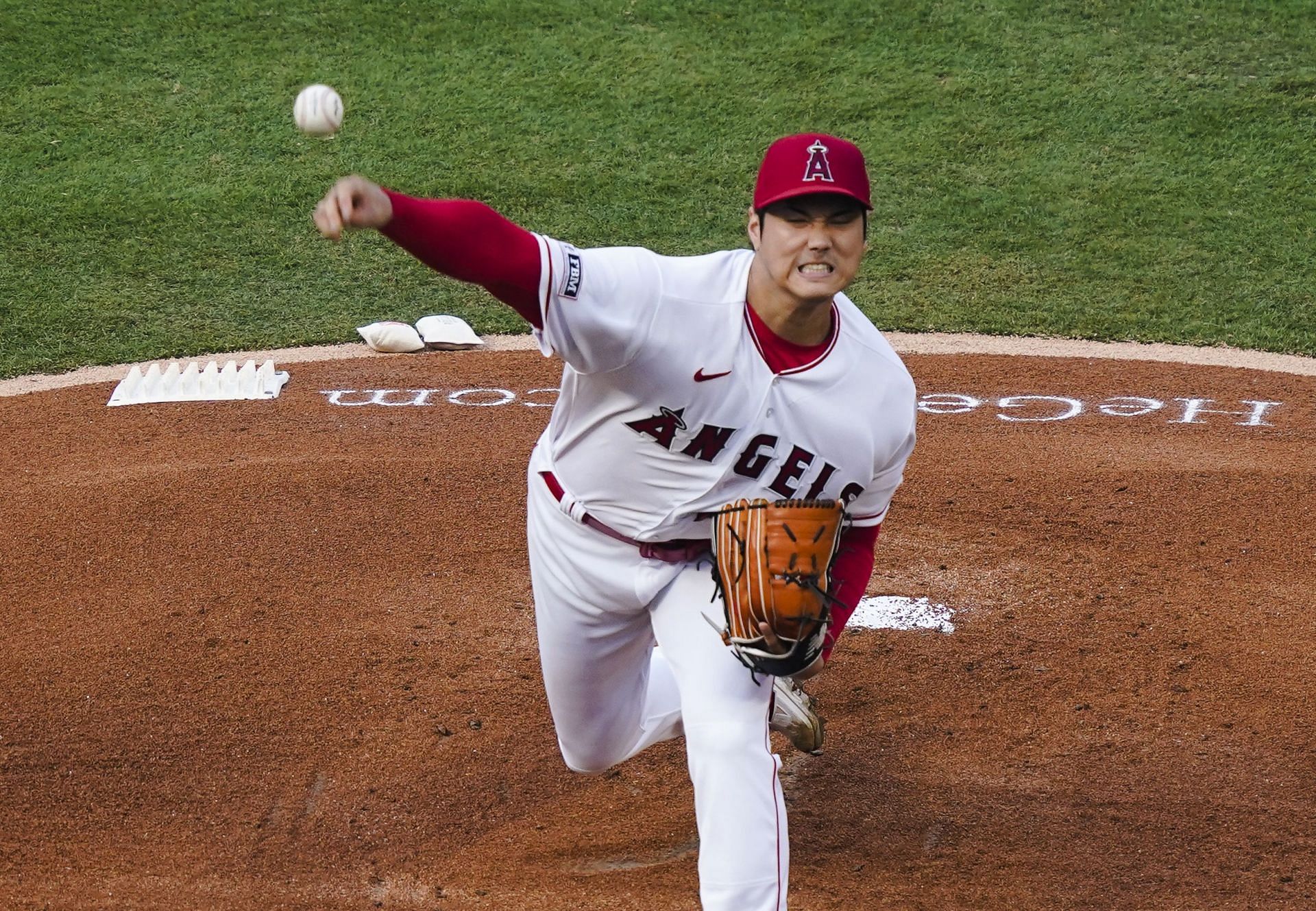 Los Angeles Angels starting pitcher Shohei Ohtani delivers against the San Francisco Giants in Anaheim