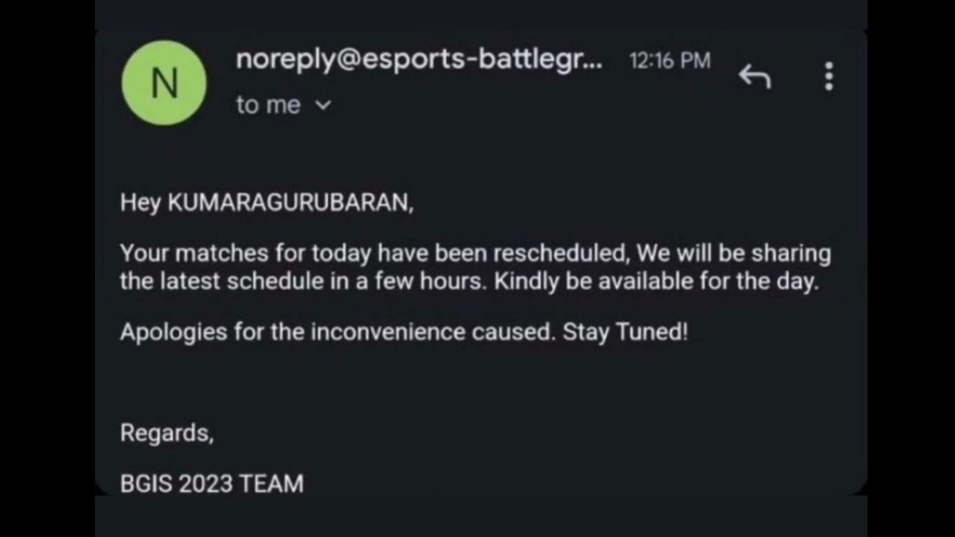 Snippet showing a team owner receiving a mail from Krafton regarding rescheduling of BGIS 2023 Round 1 matches. (Image via Instagram/gamexnews)