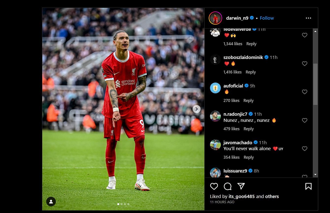Screenshot of Valverde and Suarez&#039;s comments on Nunez&#039;s Instagram post