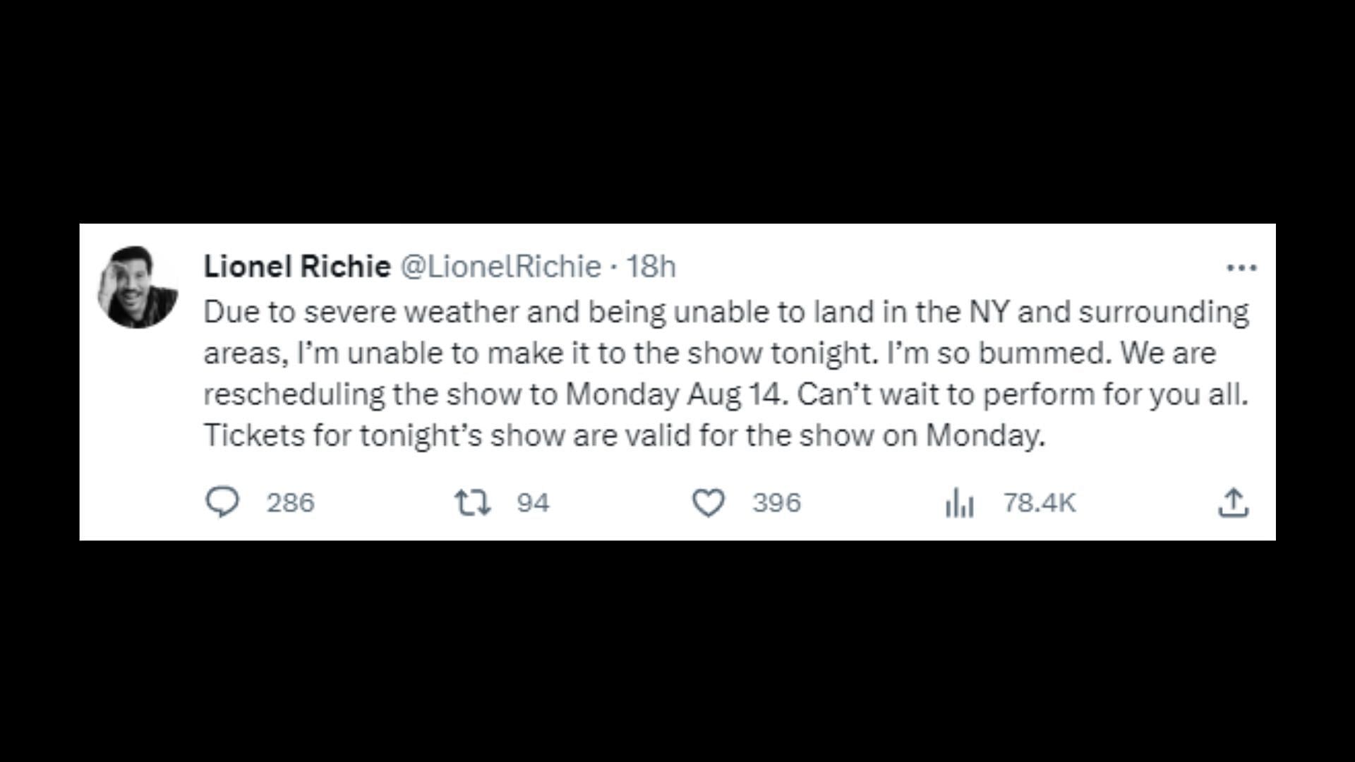 Lionel Richie announces his show&#039;s cancelation (Image via LionelRichie/Twitter)