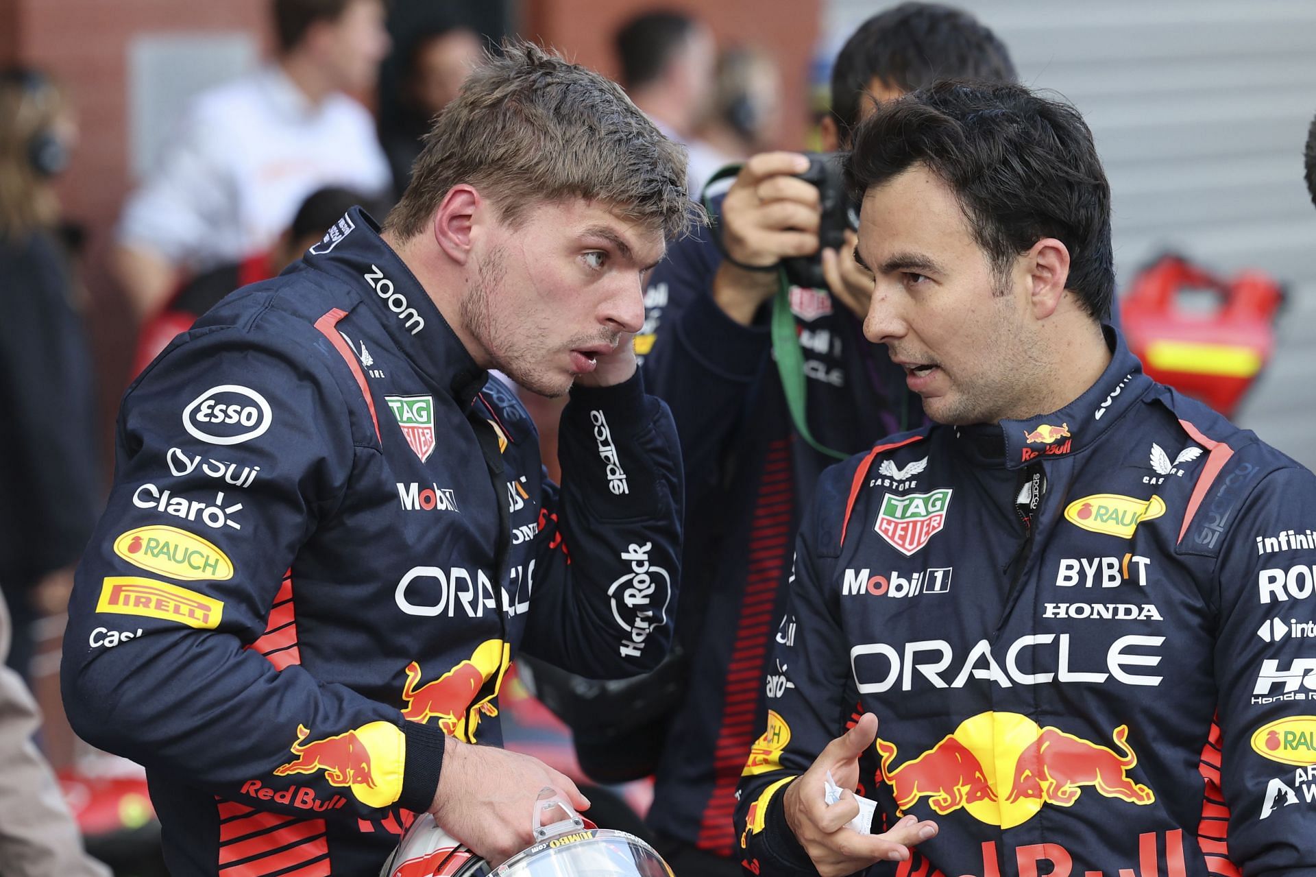 Max Verstappen and Sergio Perez in Belgium (AP Photo/Geert Vanden Wijngaert)