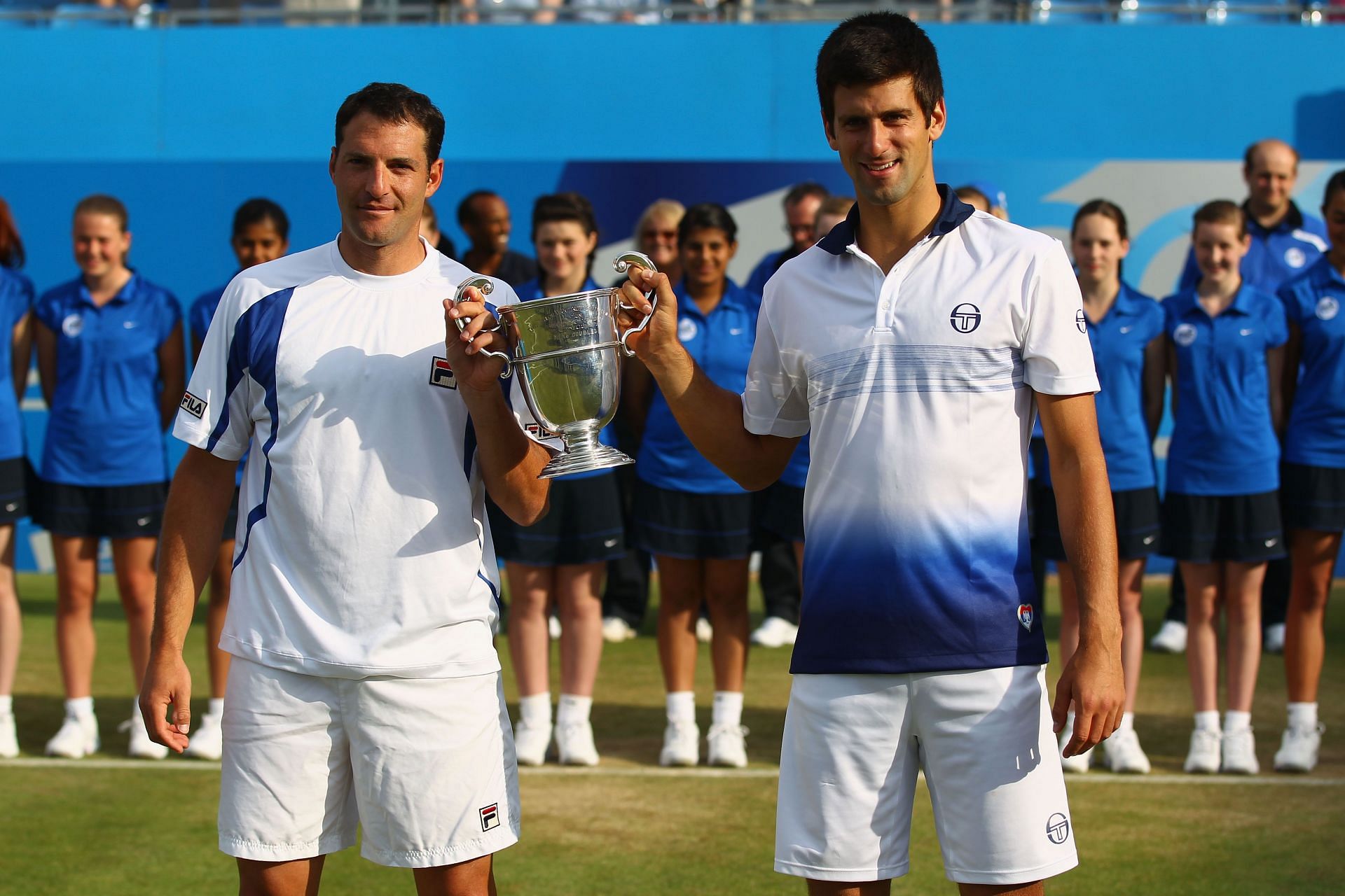 Novak Djokovic with Jonathan Erlich after winning AEGON Championships in 2010.