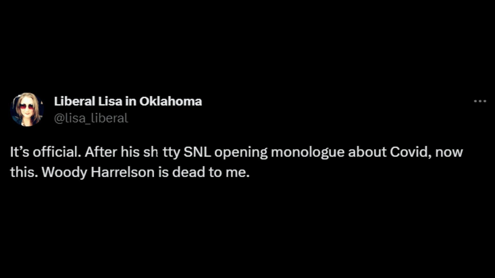A netizen slams Harrelson. (Image via X/Liberal Lisa in Oklahoma)